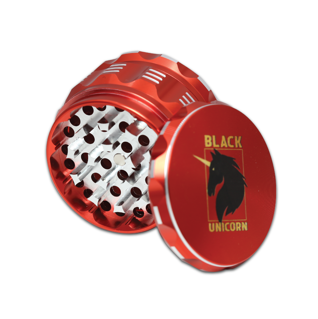 Black Unicorn Grinder with Pollen Catcher. Large 4 Piece, 2.5" Aluminum (Red)
