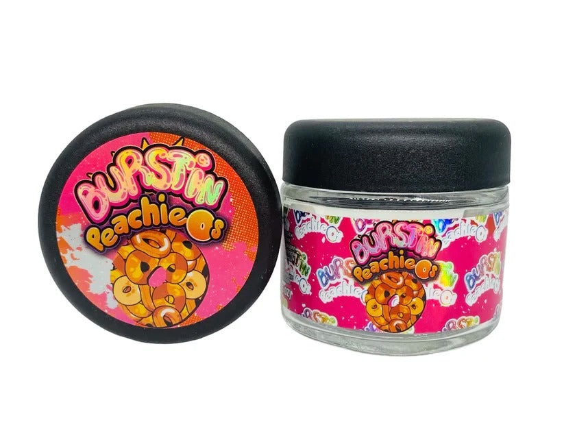 Burstin Peachios 3.5g Glass Jars with Holographic Stickers