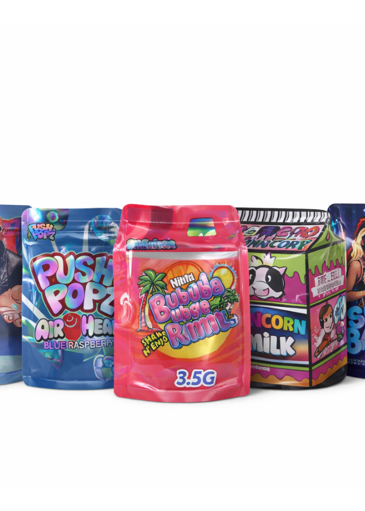 Five colorful mylar bags lined up on a white background, featuring designs like Push Popz Air Headz, Nita's Bubble Juice Rumble, and Sugar Baby.
