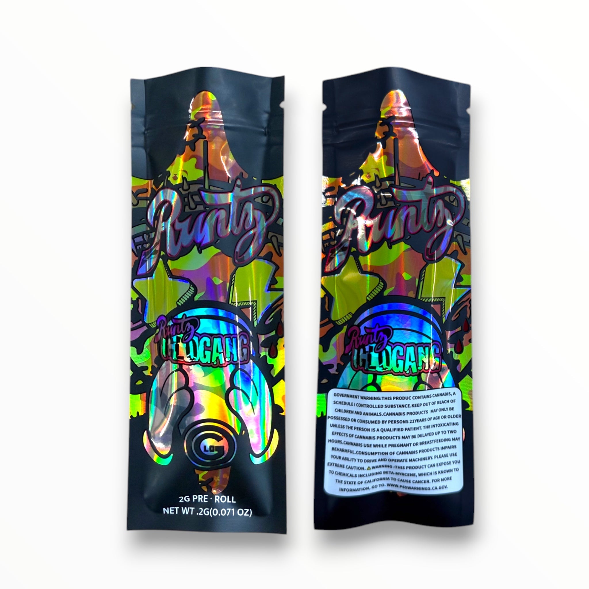 Glo Gang 2 Gram Pre Roll Packaging Net Wt. 2g(0.071oz) Holographic