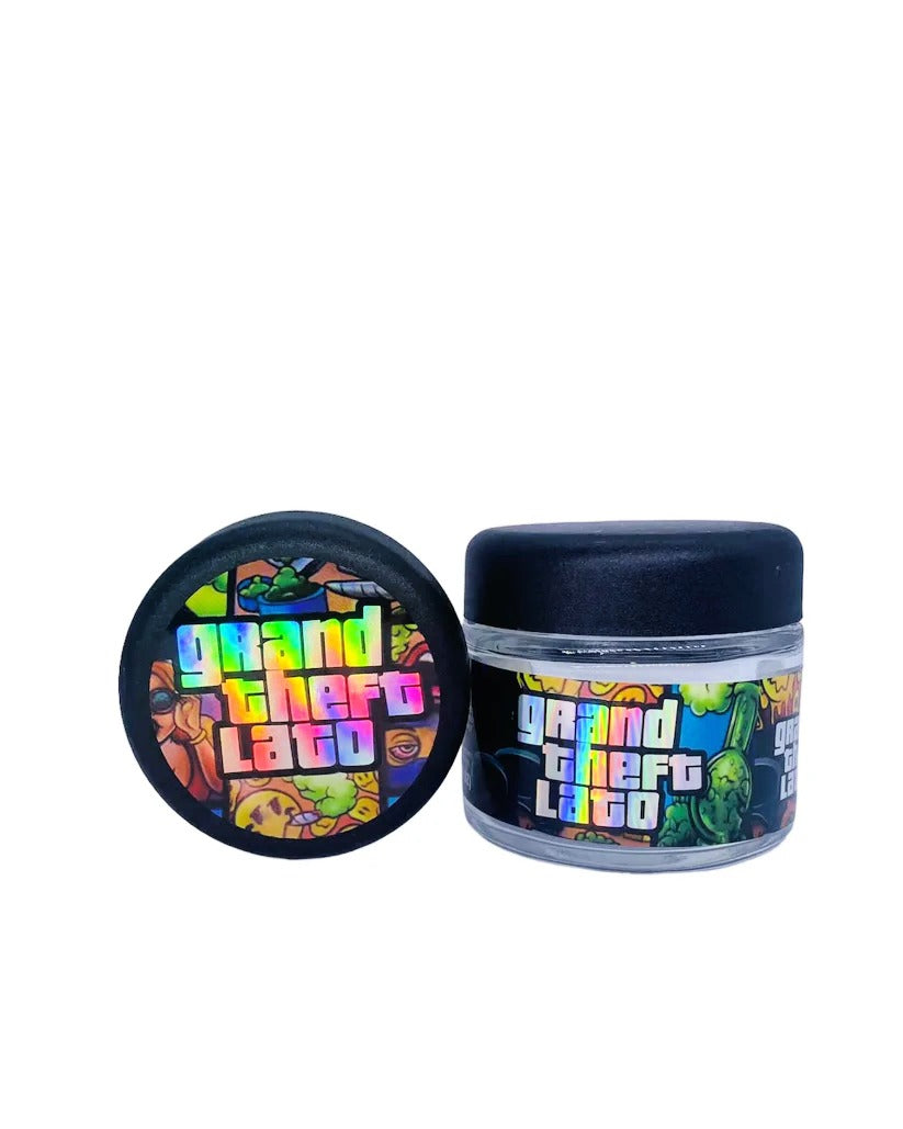 Grand Theft Lato 3.5g Glass Jars with Holographic Stickers