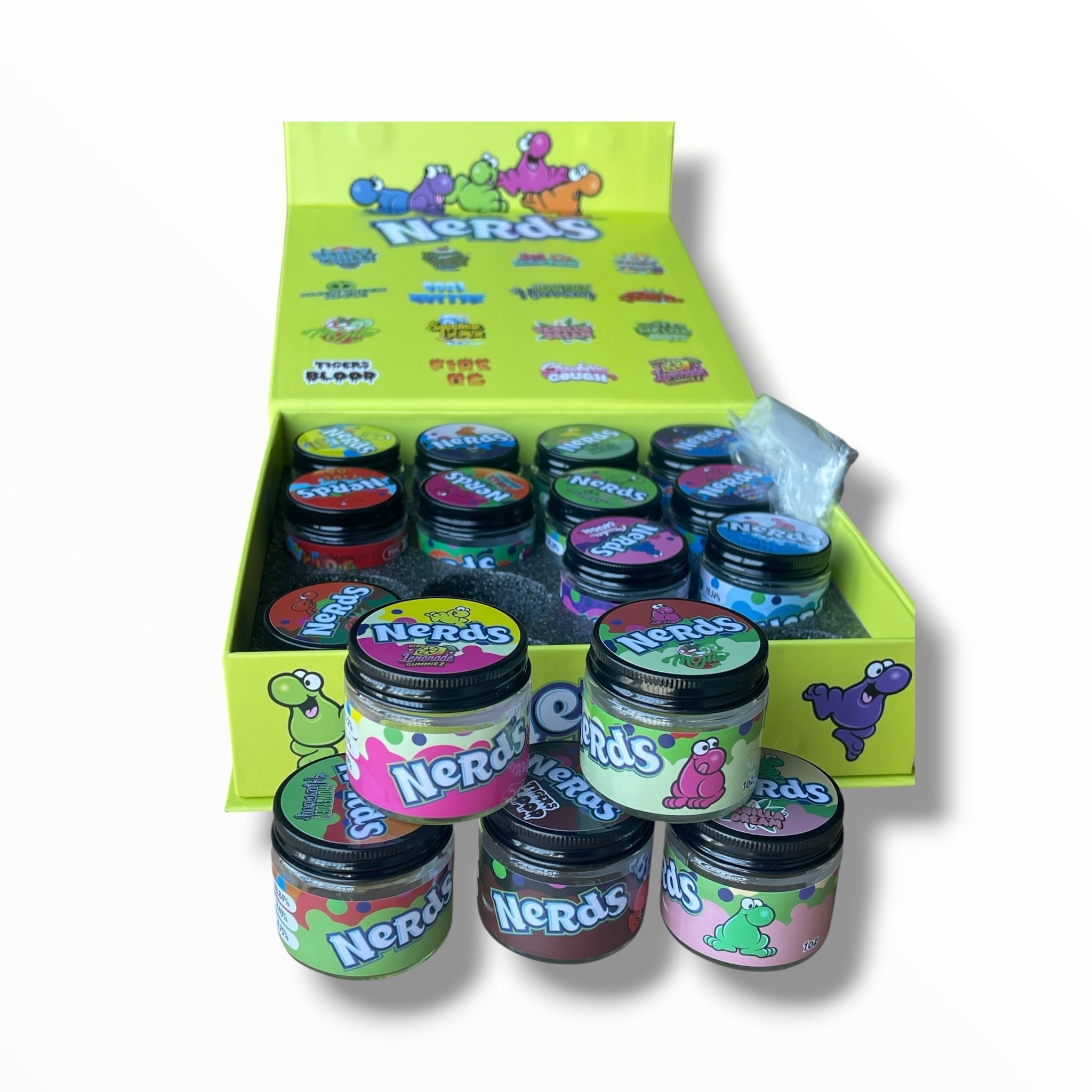 Medicated Nerds Variety Pack 16-1oz Jars in a box - Empty packaging only