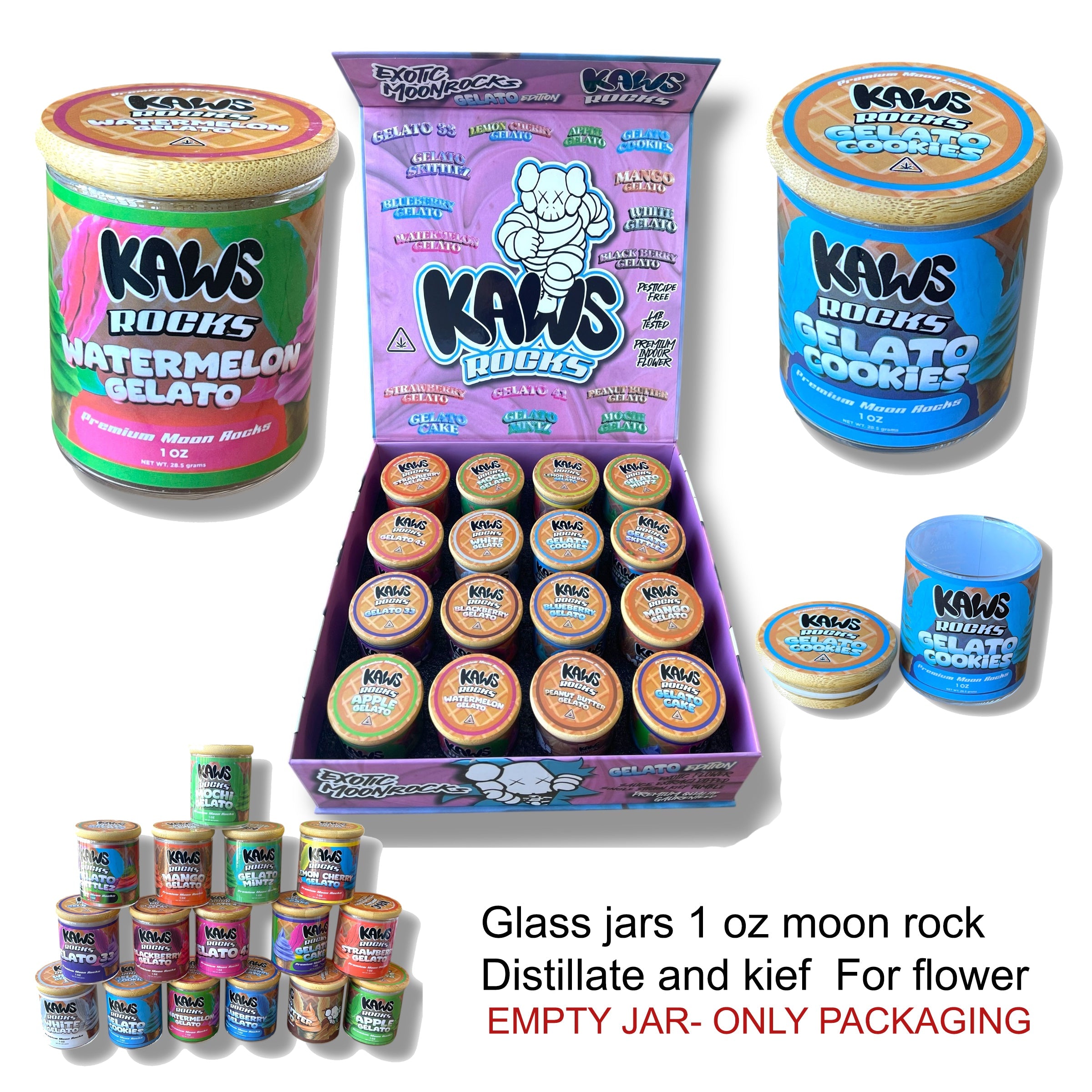Kawz Moon Rocks Gelato Edition 1oz Glass Jars - Varity Pack 16 Strains in box Empty Jars