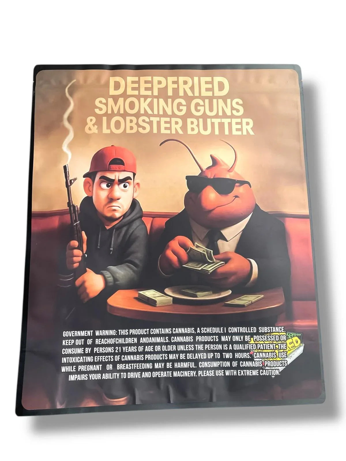 Deep Fried Smoking Guns & Lobster Butter Combo Sticker Mylar Bags | 16oz, 1oz & 3.5g - Black Unicorn Hub