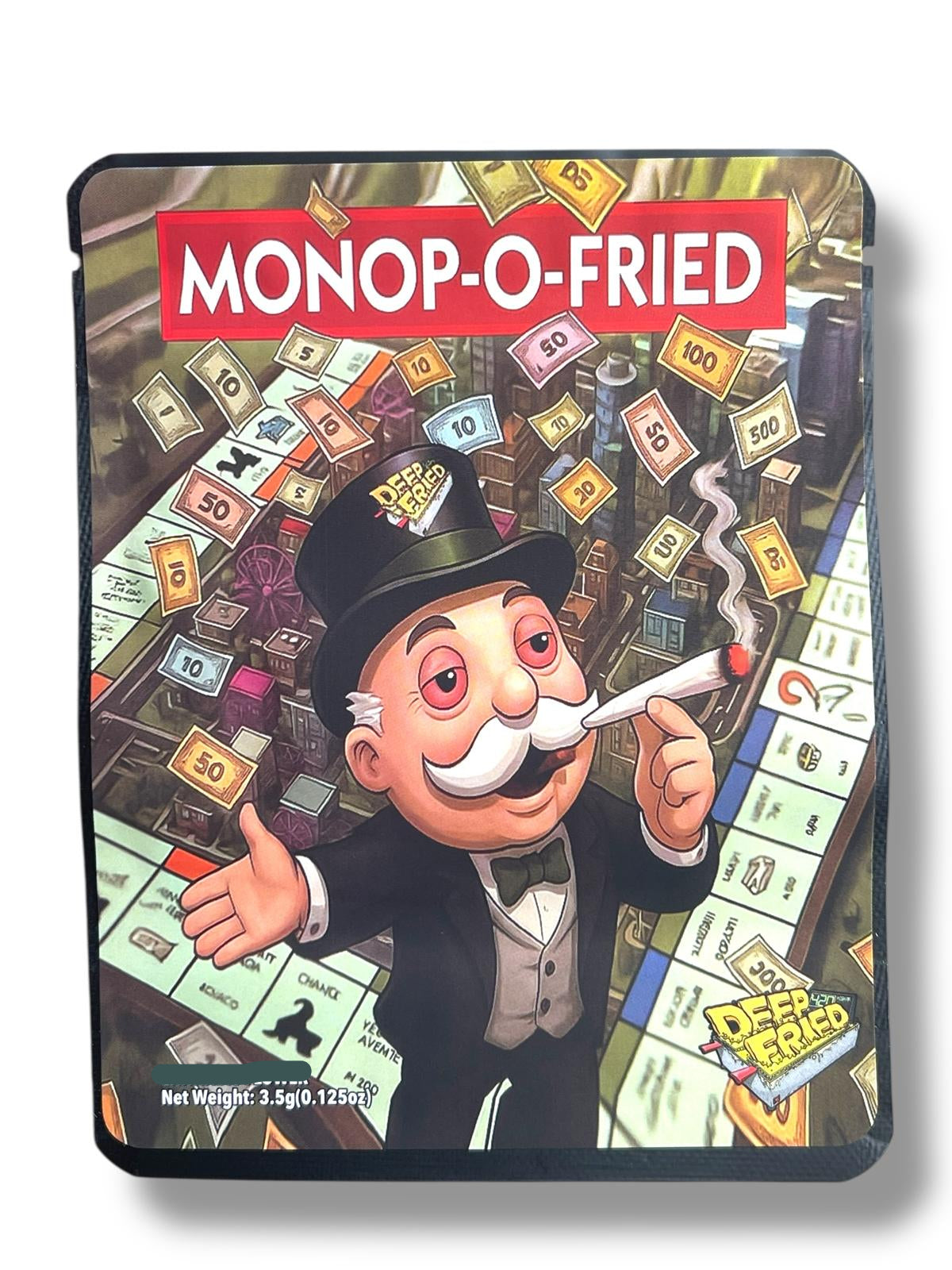 Deep fried Monop-O-Fried 3.5G Sticker Mylar Bags