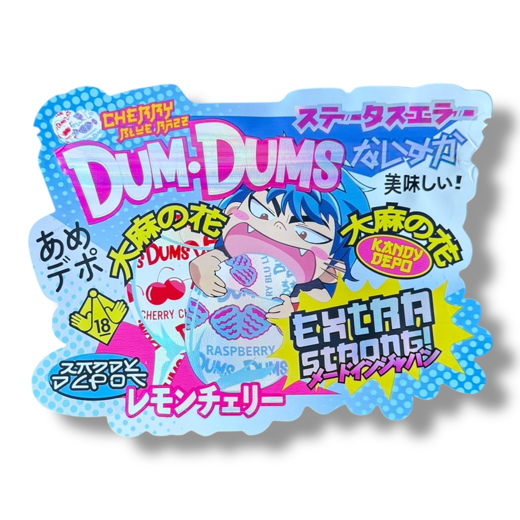 Kandy Depo Cherry Blue Razz Dum Dums Extra Strong Mylar Bag 3.5g shape bag