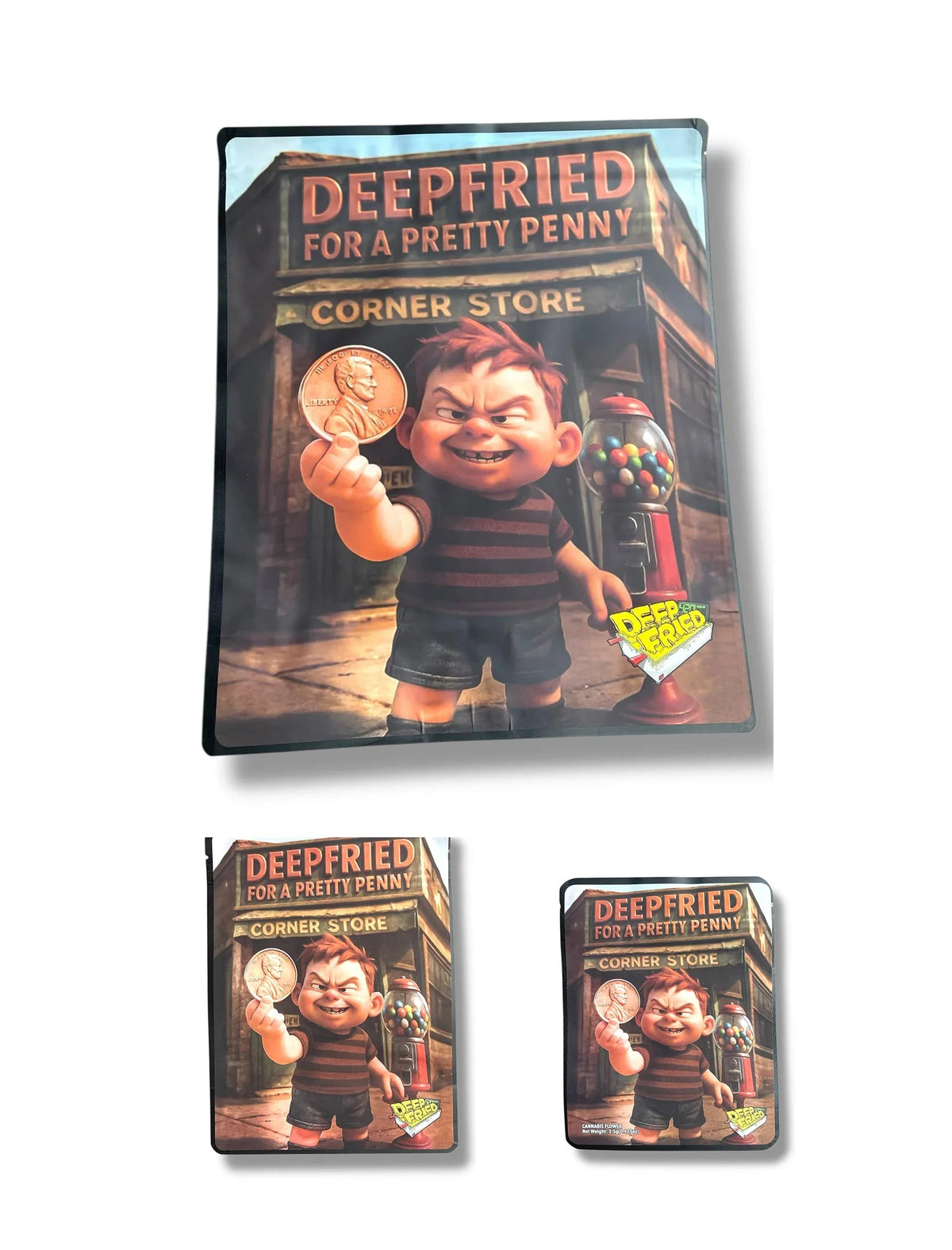 Deep Fried For A Pretty Penny Combo Sticker Mylar Bags | 16oz, 1oz & 3.5g - Black Unicorn Hub