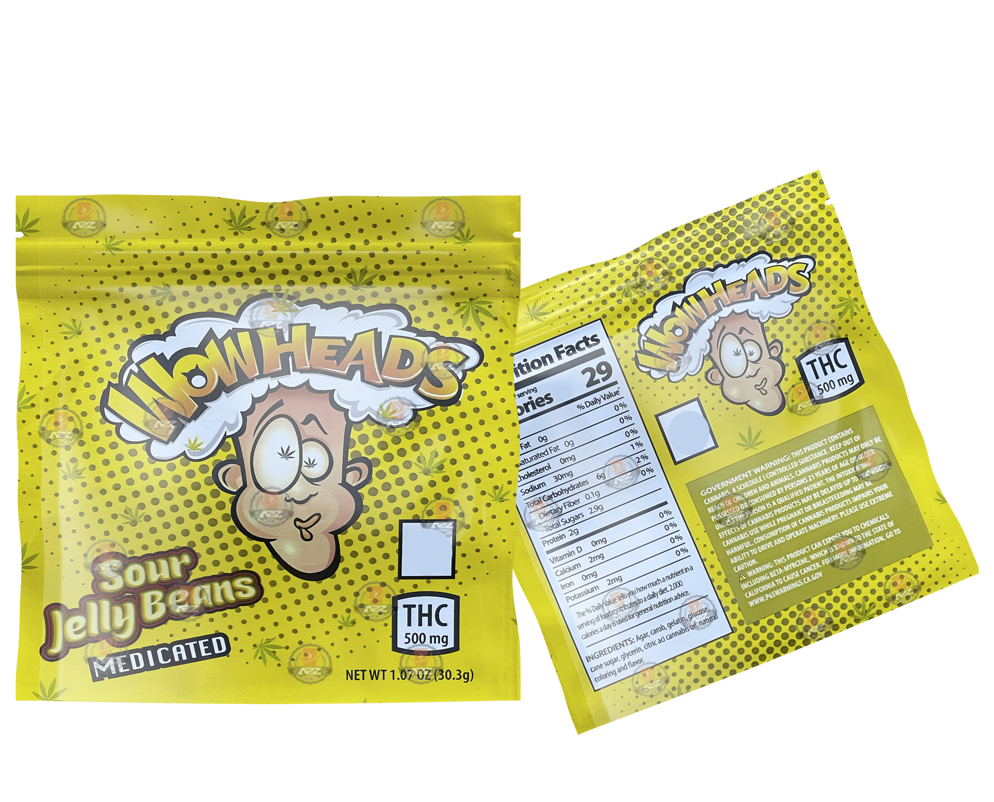 Wow Heads Sour Jelly Beans 500mg Mylar bags packaging only