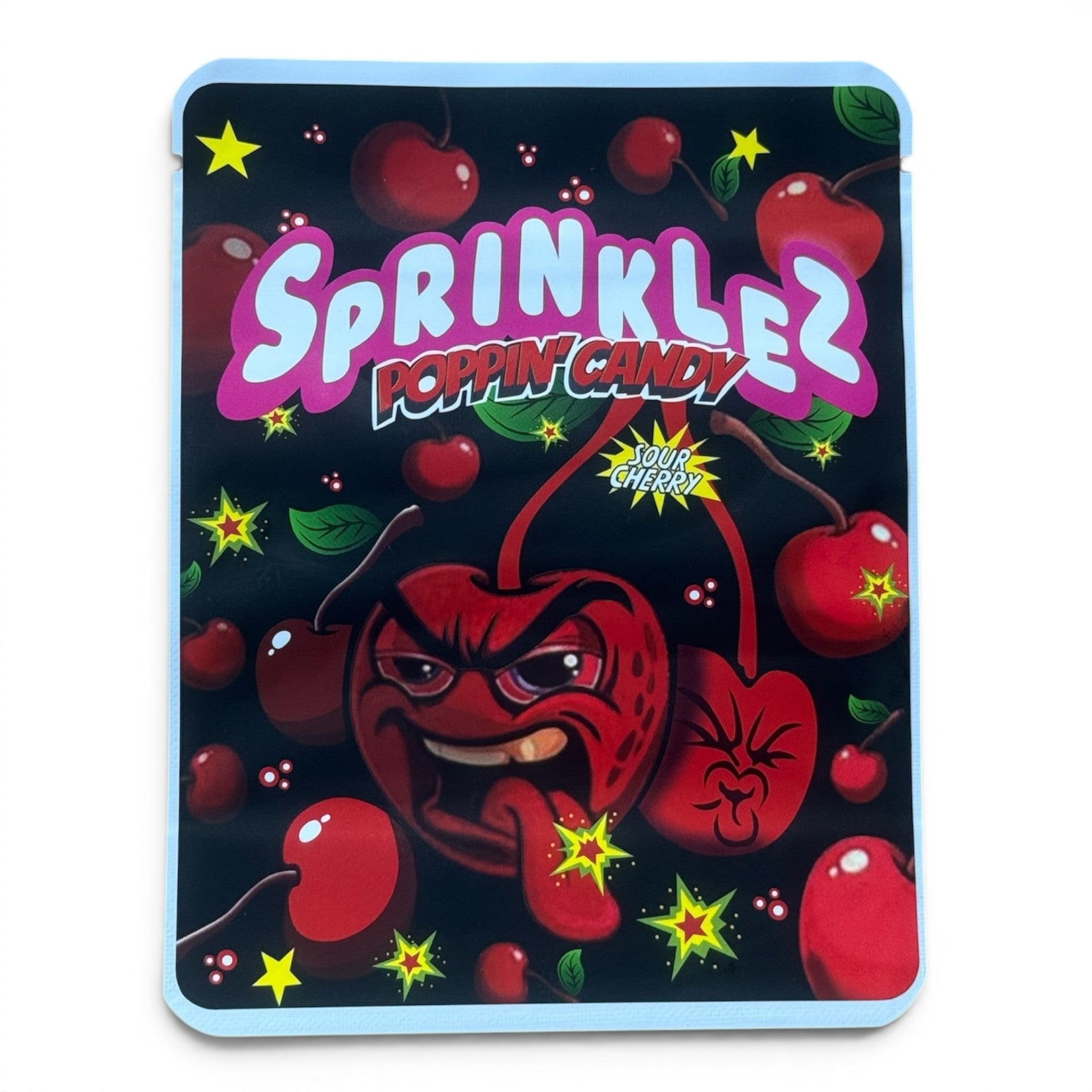 Sprinklez Poppin Candy Sour Cherry 3.5G Mylar sticker Bags -With stickers and label