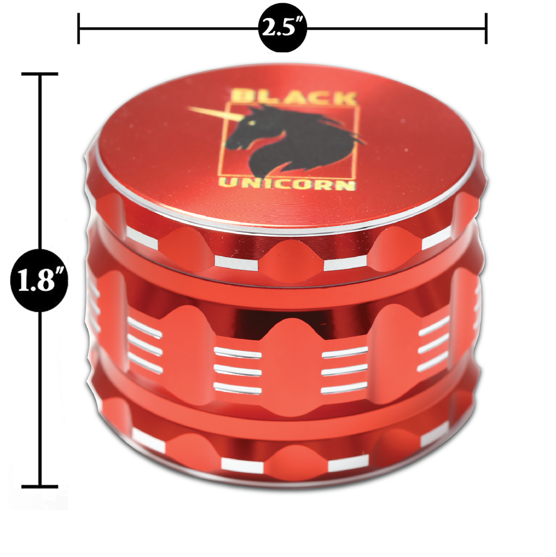Black Unicorn Grinder with Pollen Catcher. Large 4 Piece, 2.5" Aluminum (Red)
