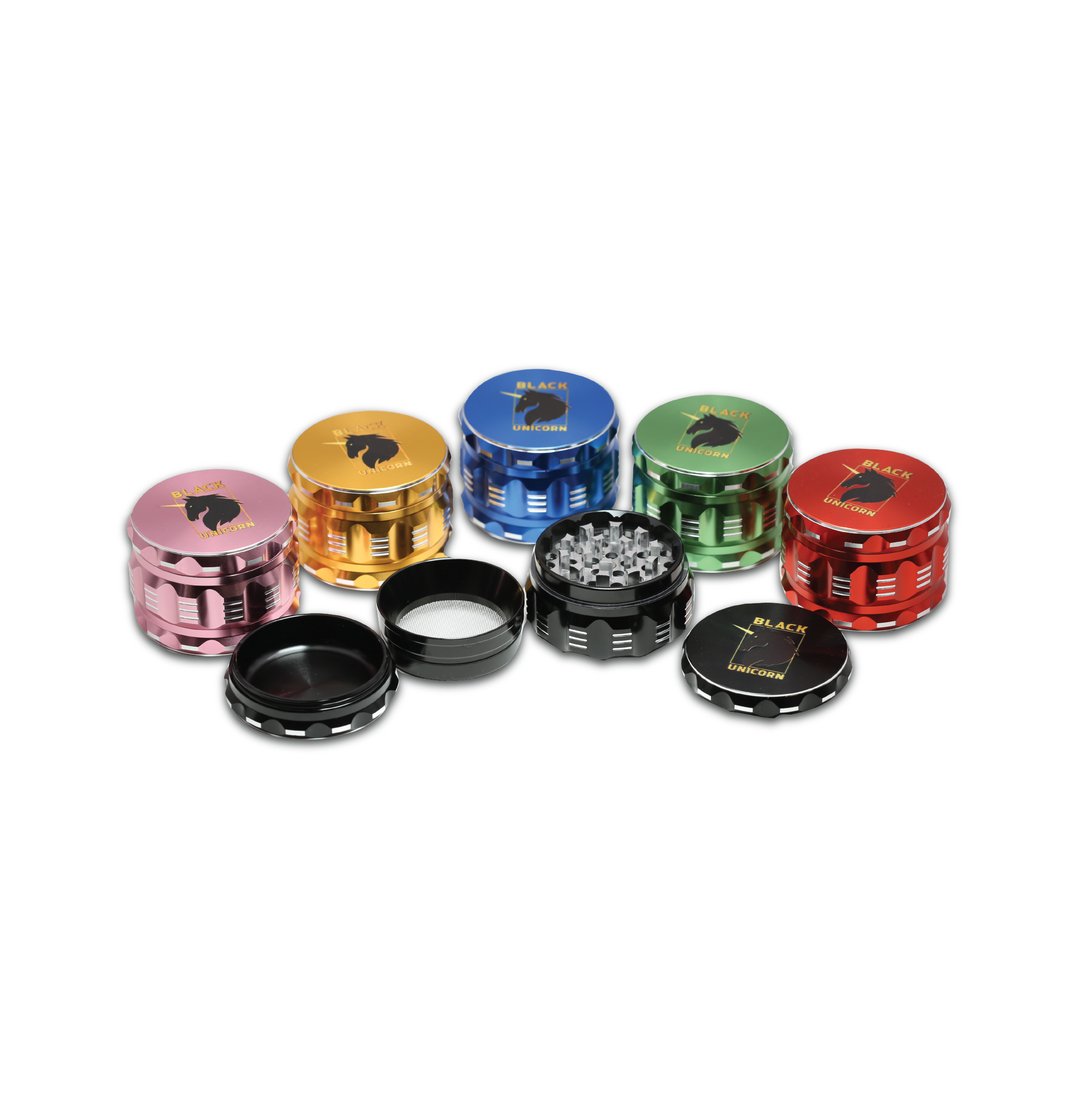 Black Unicorn Grinder with Pollen Catcher. Large 4 Piece, 2.5" Aluminum (Red)