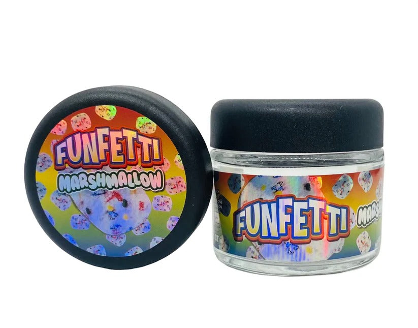 Funfetti Marshmallow Sprinkelz 3.5g Glass Jars with Holographic Stickers