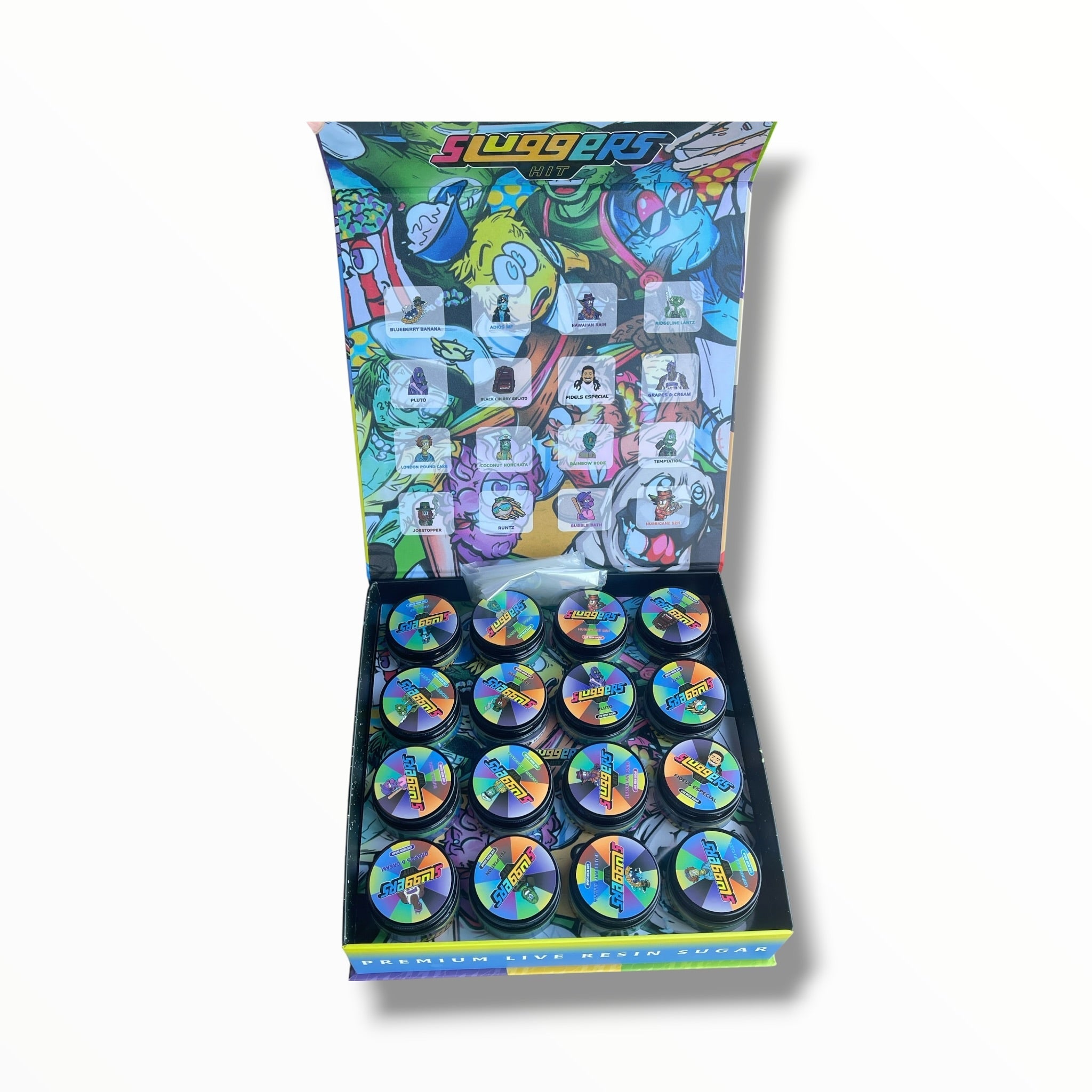 Sluggers Hit 16-1oz Jars in a box Mixed Strains Variety Pack- Empty packaging only