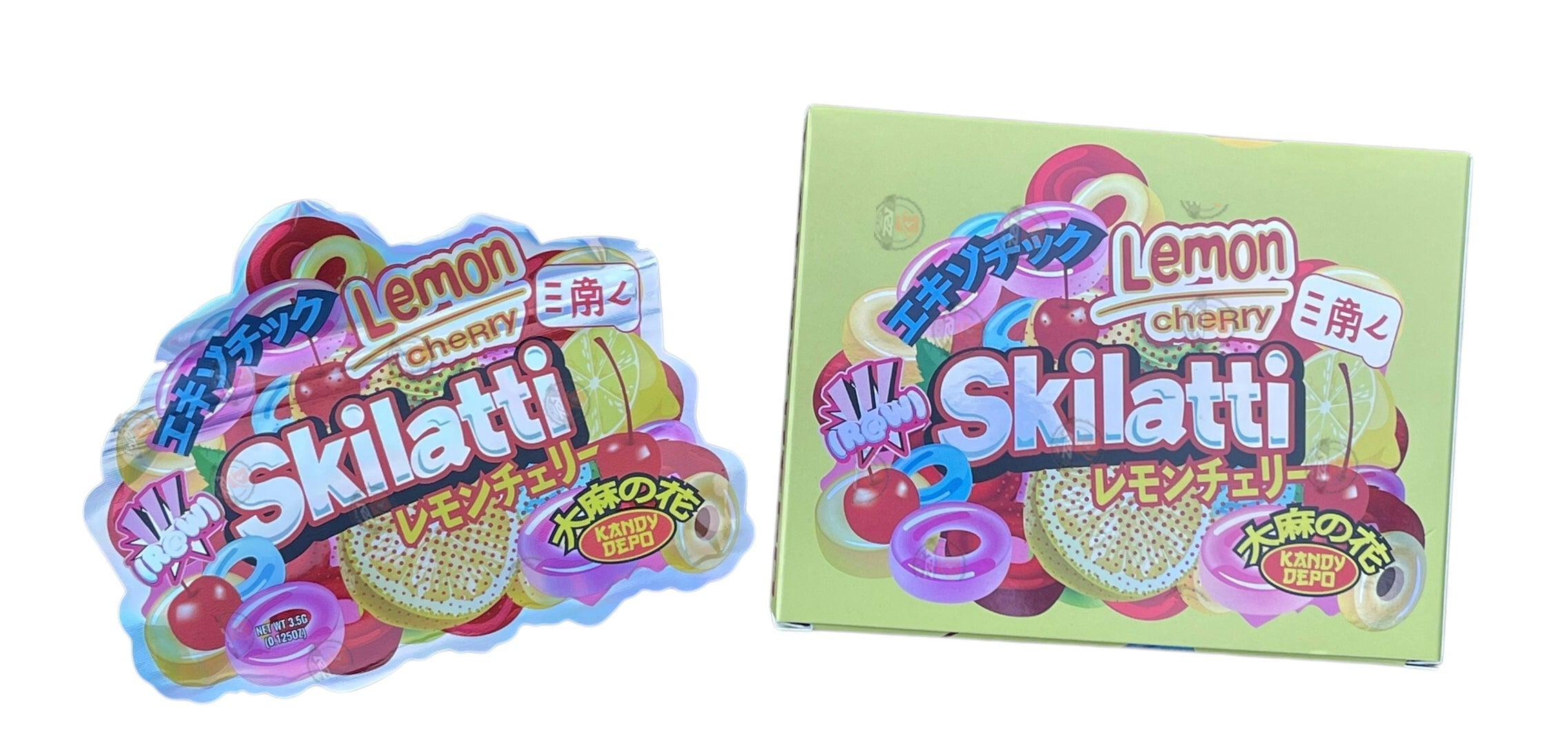 Kandy Depo Lemon Cherry Skilatti Mylar Bags with Boxes 3.5g Box Packaging Holographic