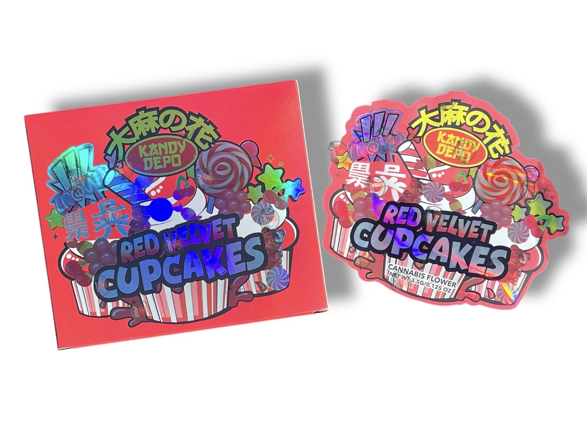 Kandy Depo Red Velvet Cupcakes Mylar Bags with Boxes 3.5g Box Packaging Holographic