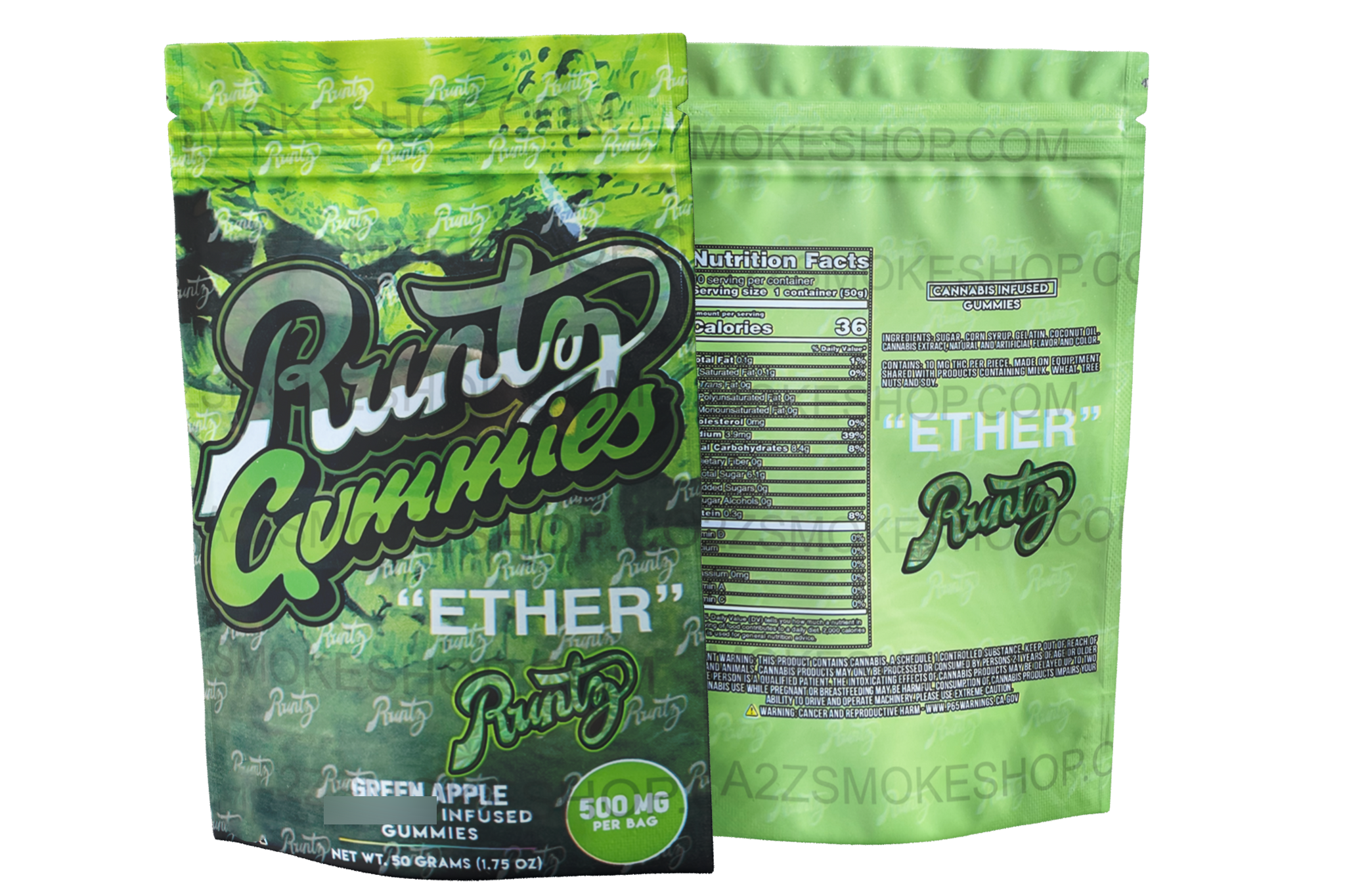 Gummies - Ether Green Apple 500mg  Mylar Bag Packaging Only