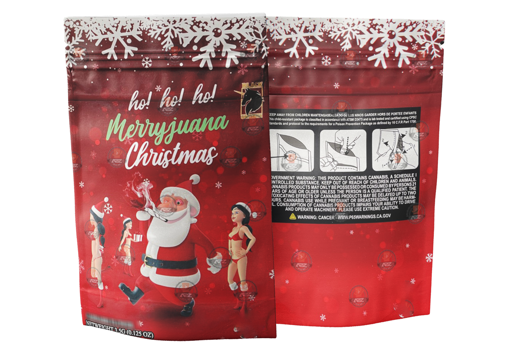 Black Unicorn -Santa Claus HO HO HO Merry Christmas Merry Juana  Mylar bag 3.5g  For Flower