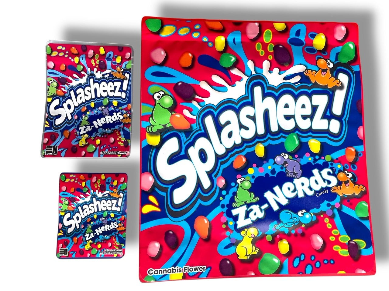 Splasheez Za-Nerds Combo Sticker Mylar Bags | Stand-Up 16oz, 1oz & 3.5g