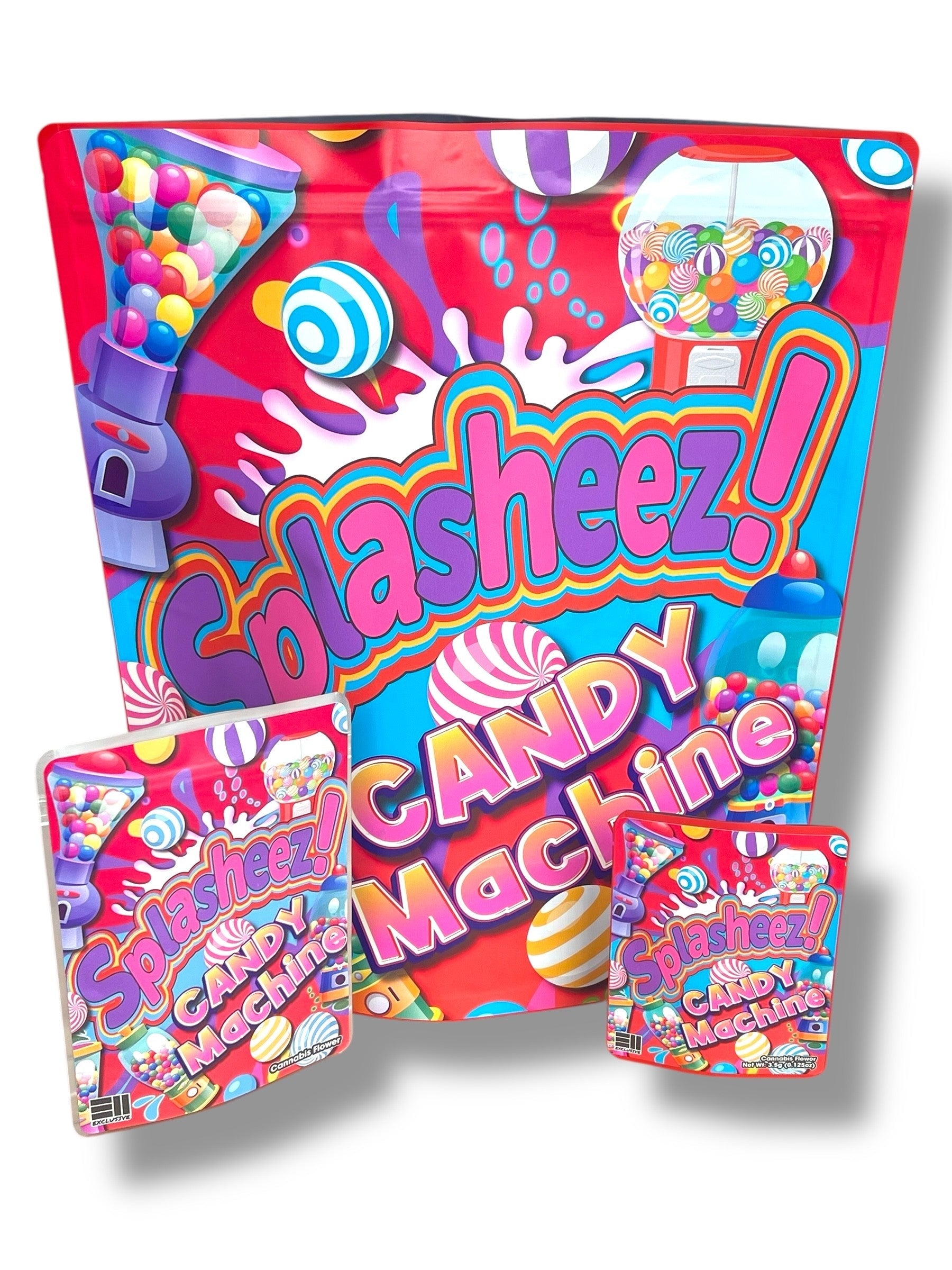 Splasheez Candy Machine Combo Sticker Mylar Bags | Stand-Up 16oz, 1oz & 3.5g