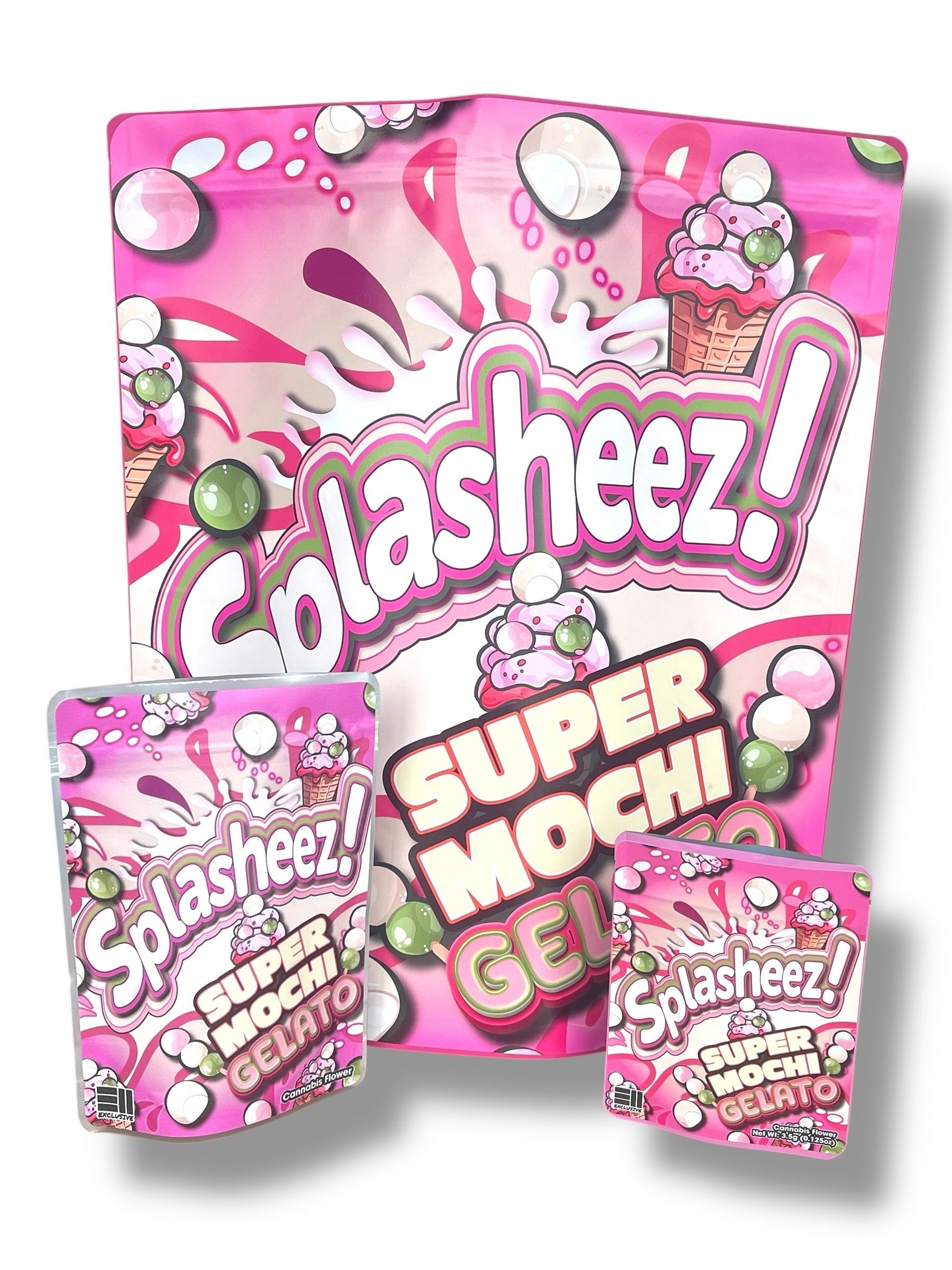 Splasheez Super Mochi Gelato Combo Sticker Mylar Bags | Stand-Up 16oz, 1oz & 3.5g