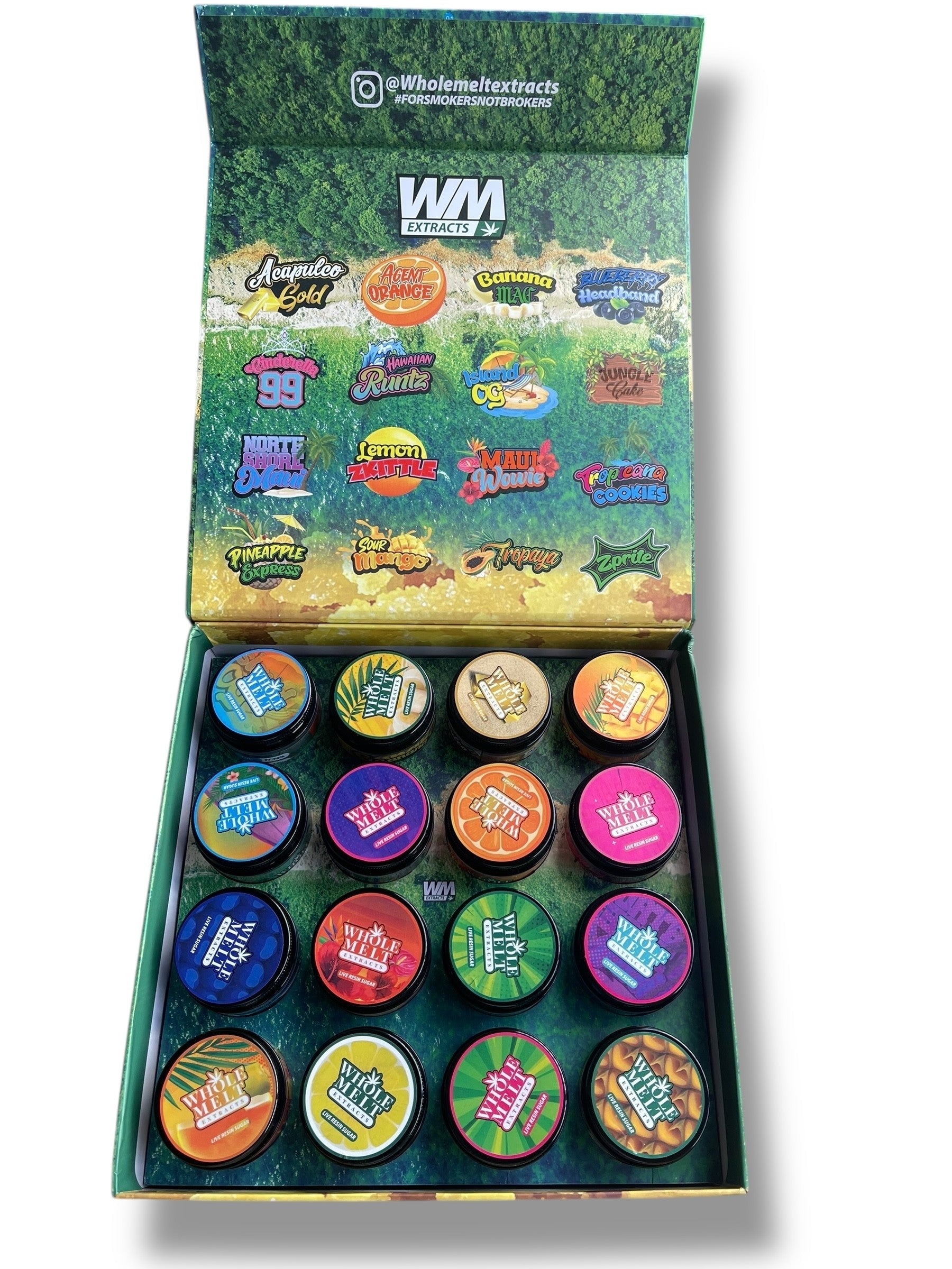 Whole Melt Tropical 1oz Glass Jars - Varity Pack 16 Strains in box Empty Jars