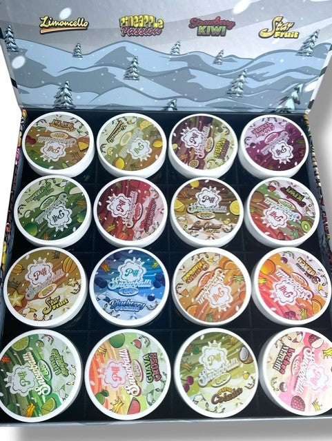 Piff Snowballs Big 16-1oz Plastic Jars - Varity Pack 16 Flavors in box 1 pound with outer box Empty plastic Jars