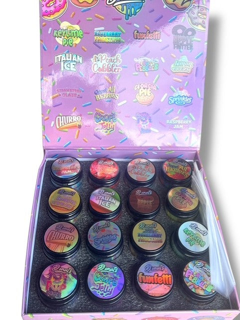 Donuts 1oz Glass Jars - Varity Pack 16 Strains in box Empty Jars