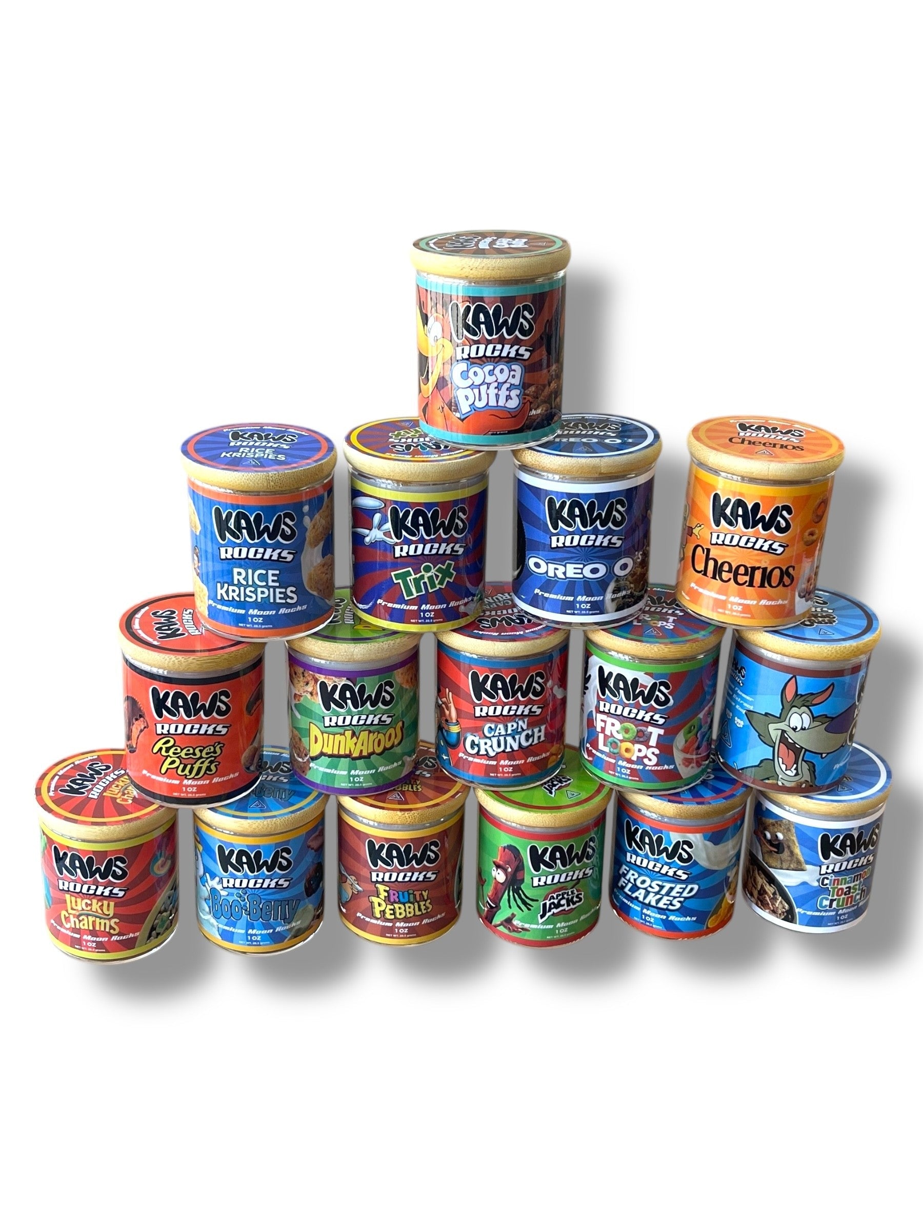 Kawz Moon Rocks Cereal Edition 1oz Glass Jars - Varity Pack 16 Strains in box Empty Jars