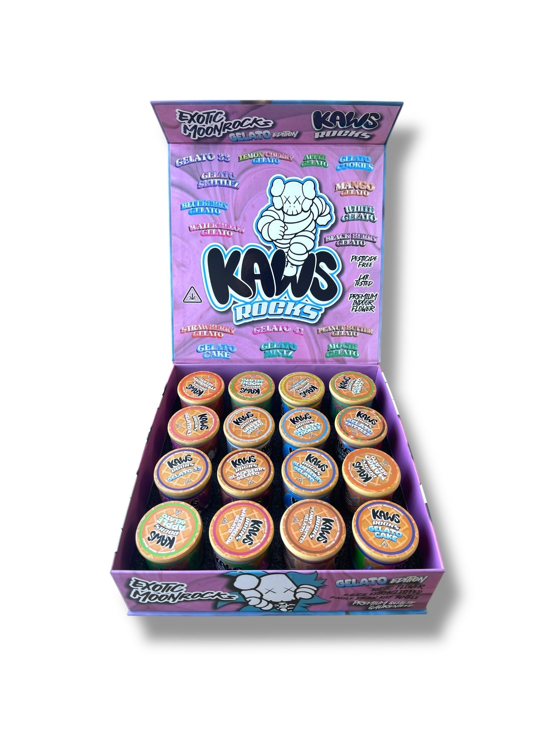 Kawz Moon Rocks Gelato Edition 1oz Glass Jars - Varity Pack 16 Strains in box Empty Jars