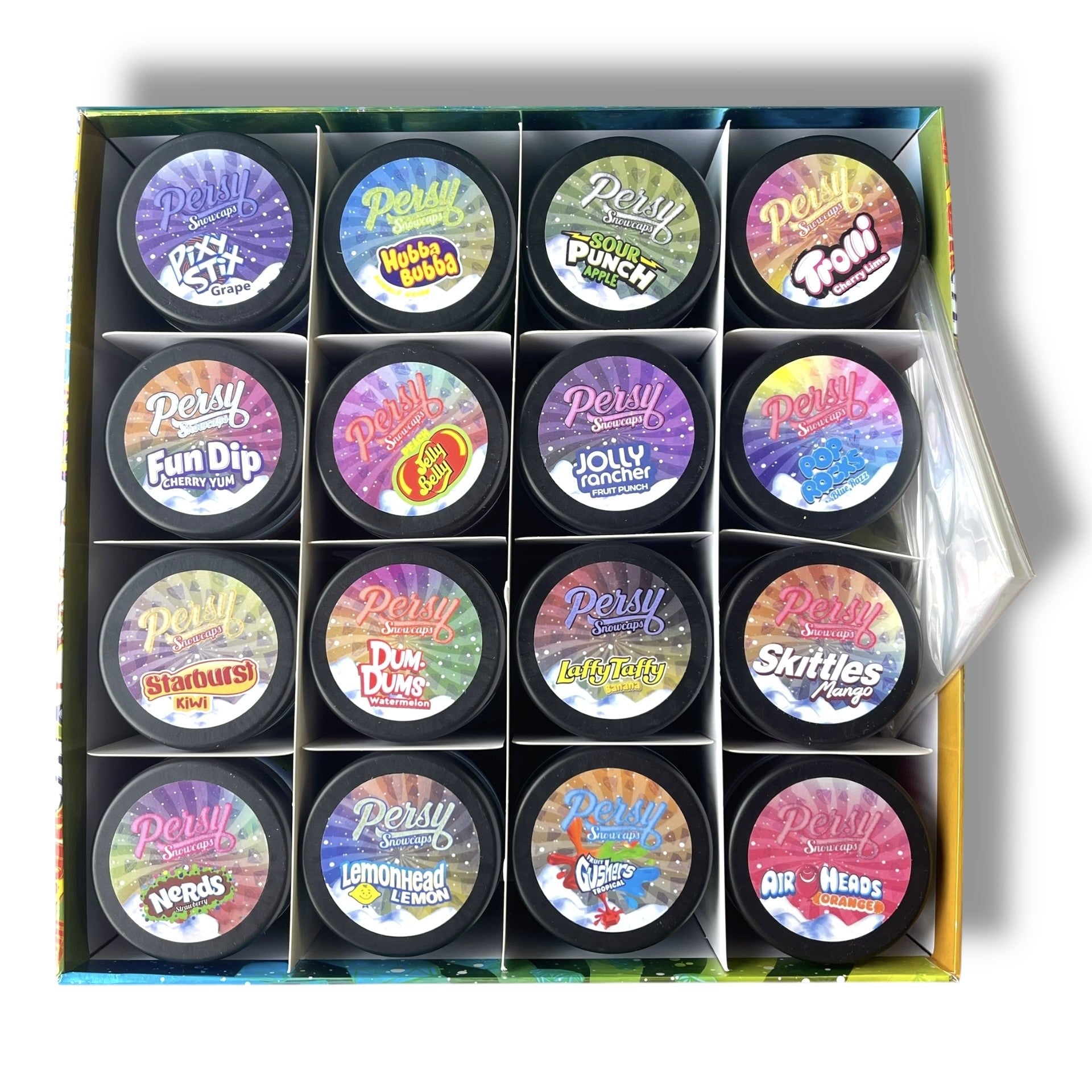 Persy Snowcaps Candy Edition 16-1oz Glass Jars - Varity Pack 16 Flavors in box 1 pound -Empty Jars