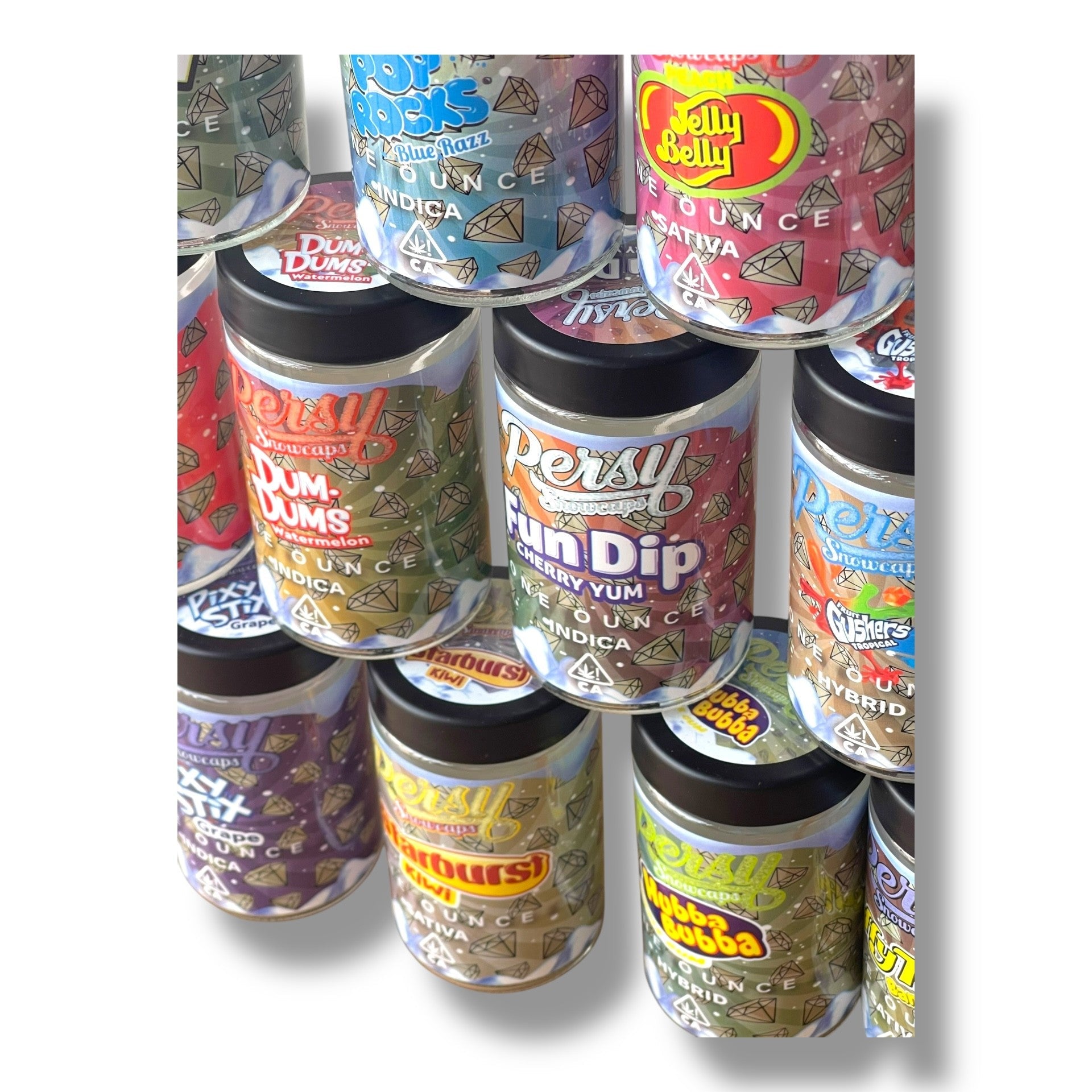 Persy Snowcaps Candy Edition 16-1oz Glass Jars - Varity Pack 16 Flavors in box 1 pound -Empty Jars