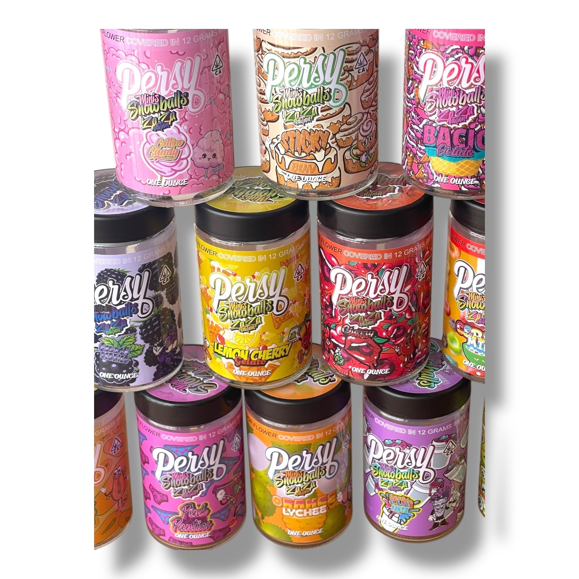 Persy Mini Snowballs Zaza Edition 16-1oz Glass Jars - Varity Pack 16 Flavors in box 1 pound empty jars