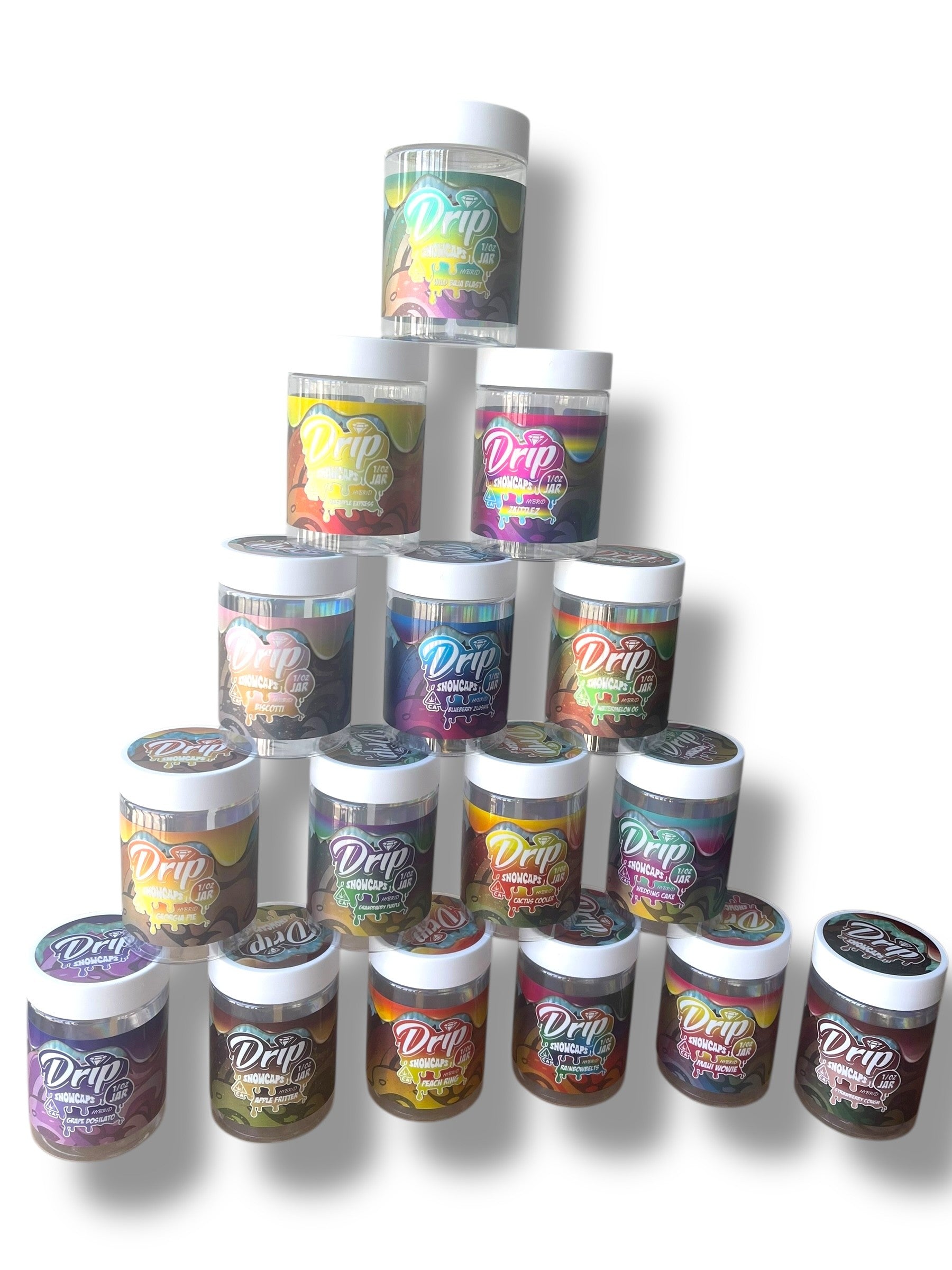 Drip Snowcaps  16-1oz Plastic Jars - Varity Pack 16 Flavors in box 1 pound with outer box Empty Jars
