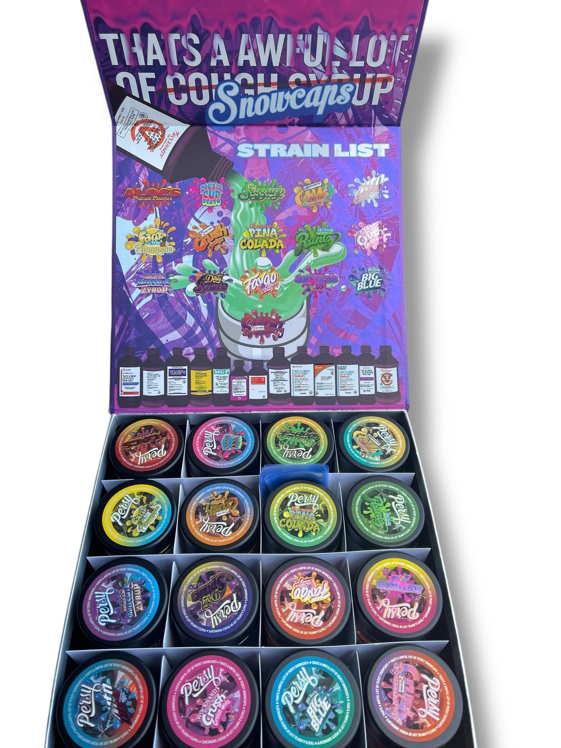 Persy Snowcaps Cough Syrup 16-1oz Glass Jars - Varity Pack 16 Flavors in box 1 pound Empty Jars