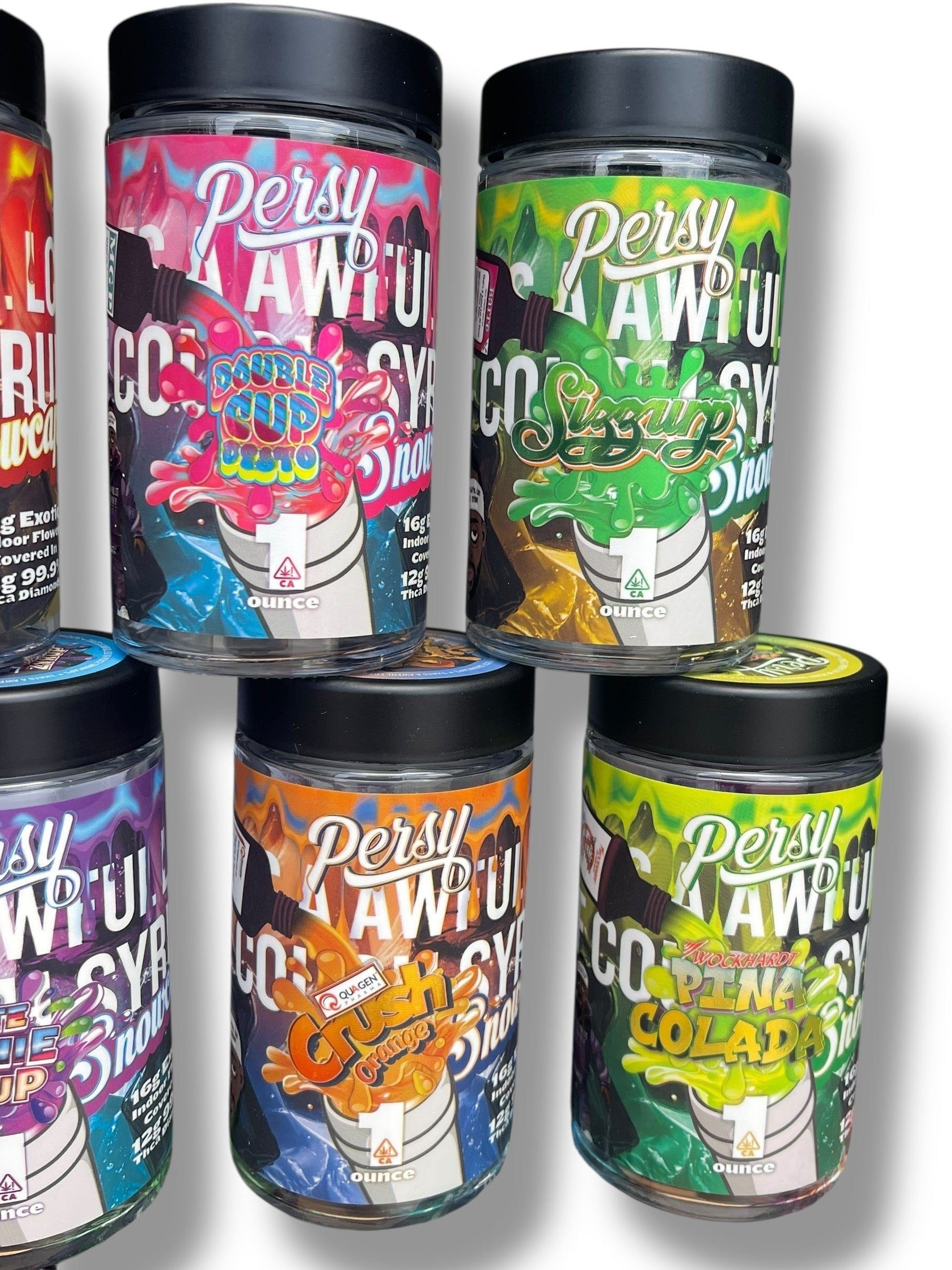 Persy Snowcaps Cough Syrup 16-1oz Glass Jars - Varity Pack 16 Flavors in box 1 pound Empty Jars