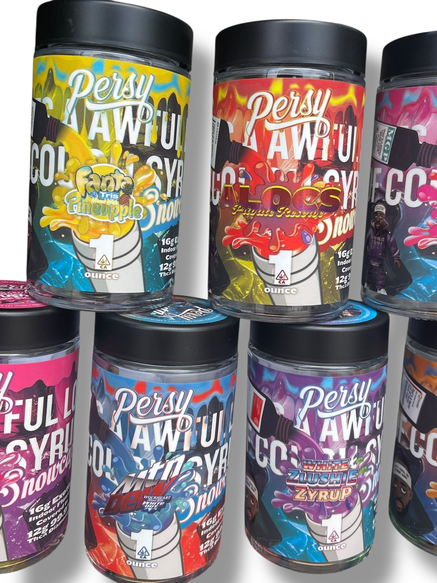 Persy Snowcaps Cough Syrup 16-1oz Glass Jars - Varity Pack 16 Flavors in box 1 pound Empty Jars