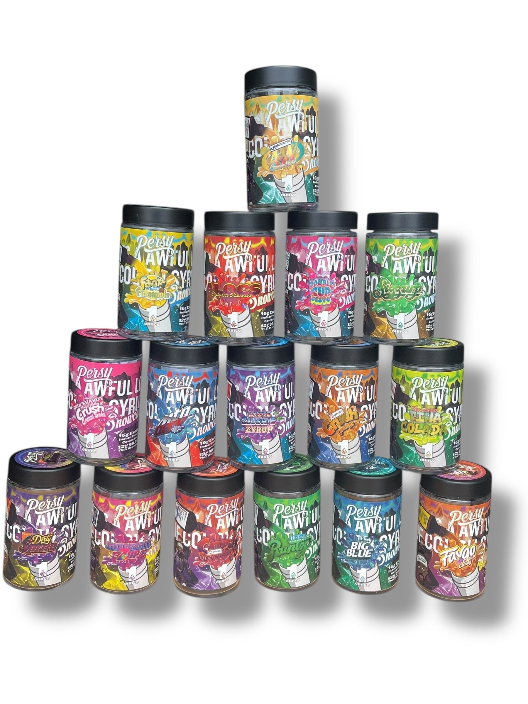Persy Mini Snowballs nCough Syrup 16-1oz Glass Jars - Varity Pack 16 Flavors in box 1 pound (Copy)