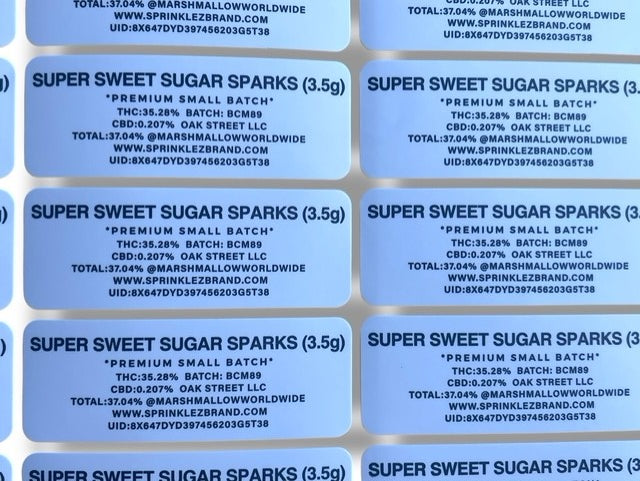 Sprinklez Super Sweet Sugar Sparks 3.5G Mylar Bags -With stickers and label