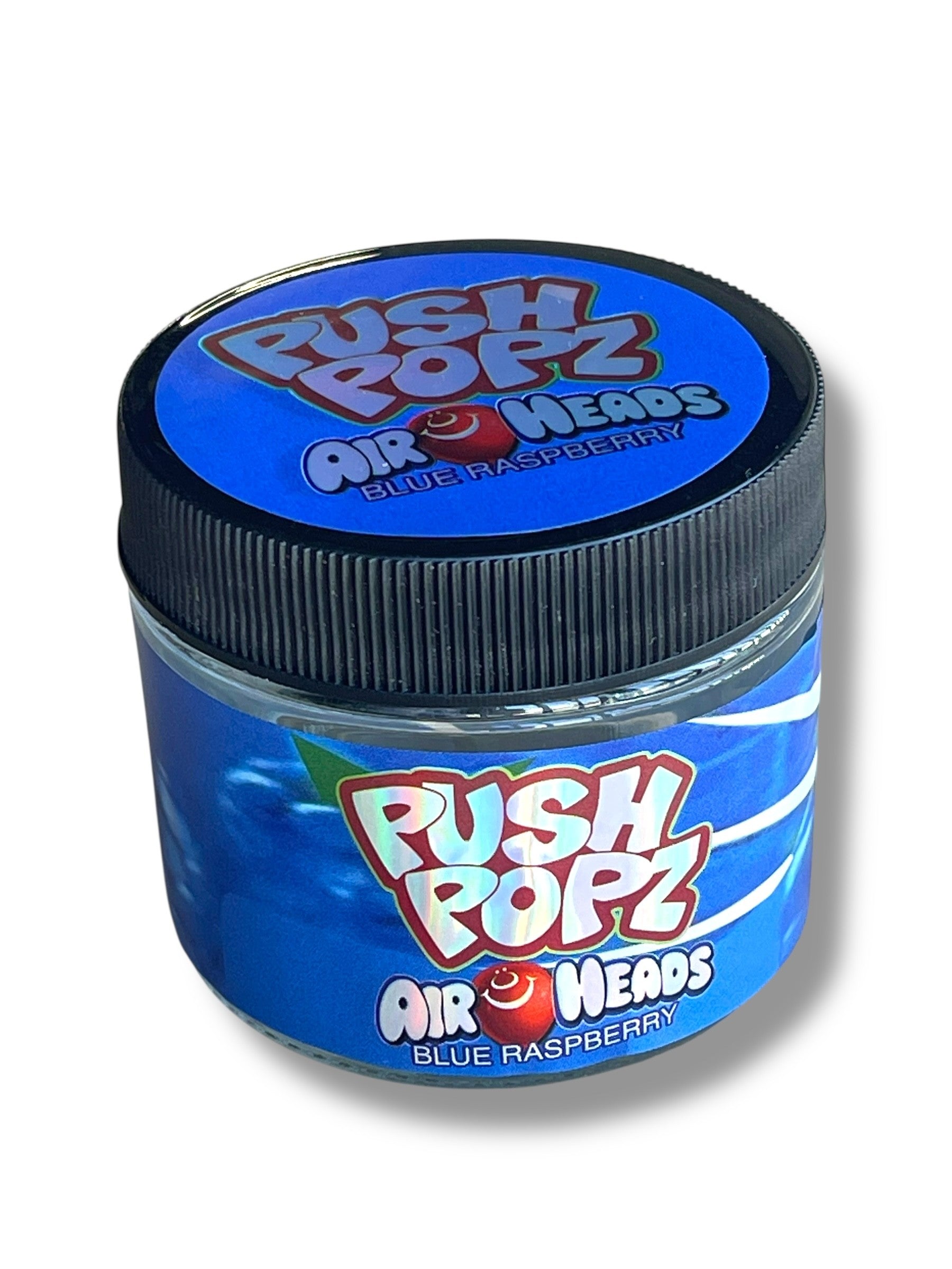 Push Pop Air heads Blue Raspberry 3.5g Glass Jars with Holographic Stickers