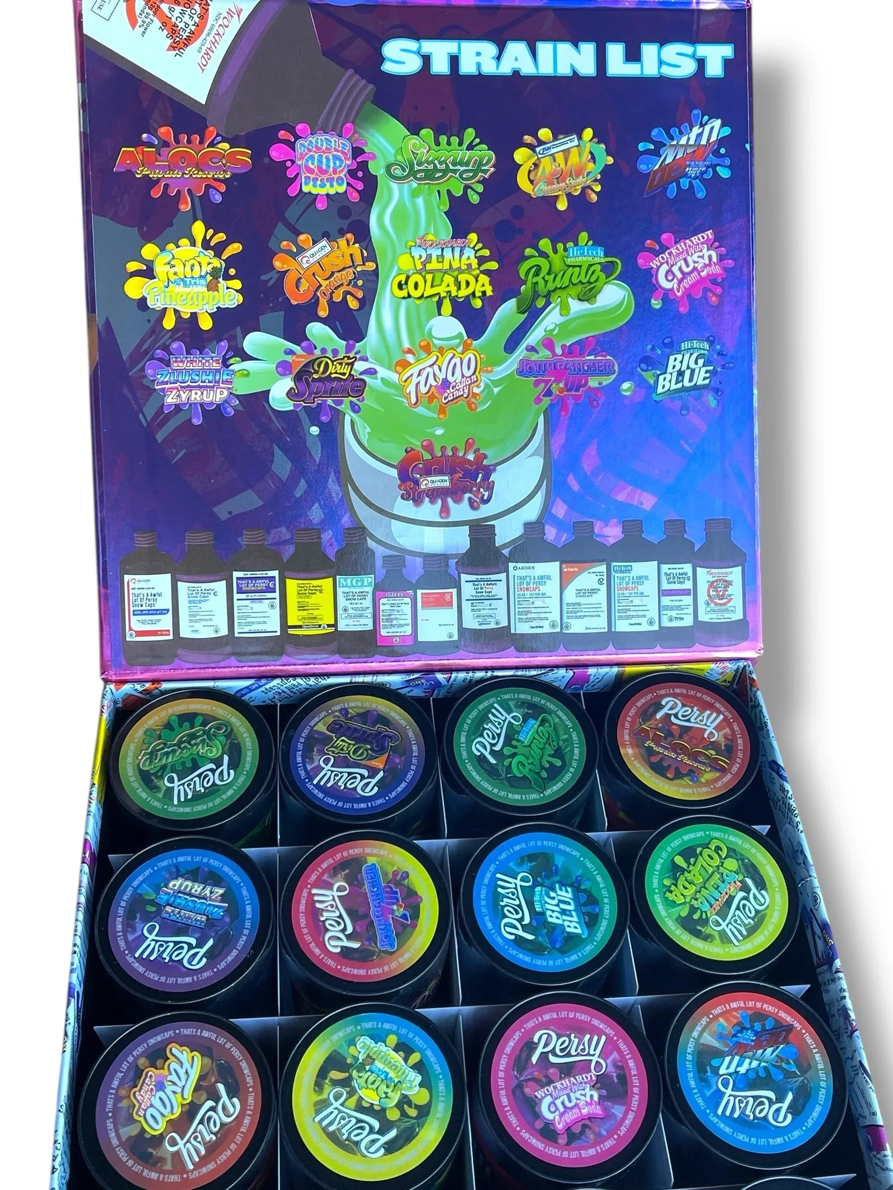 Persy Snowcaps Cough Syrup 16-1oz Plastic Jars - Varity Pack 16 Flavors in box 1 pound Empty Jars - Black Unicorn Hub
