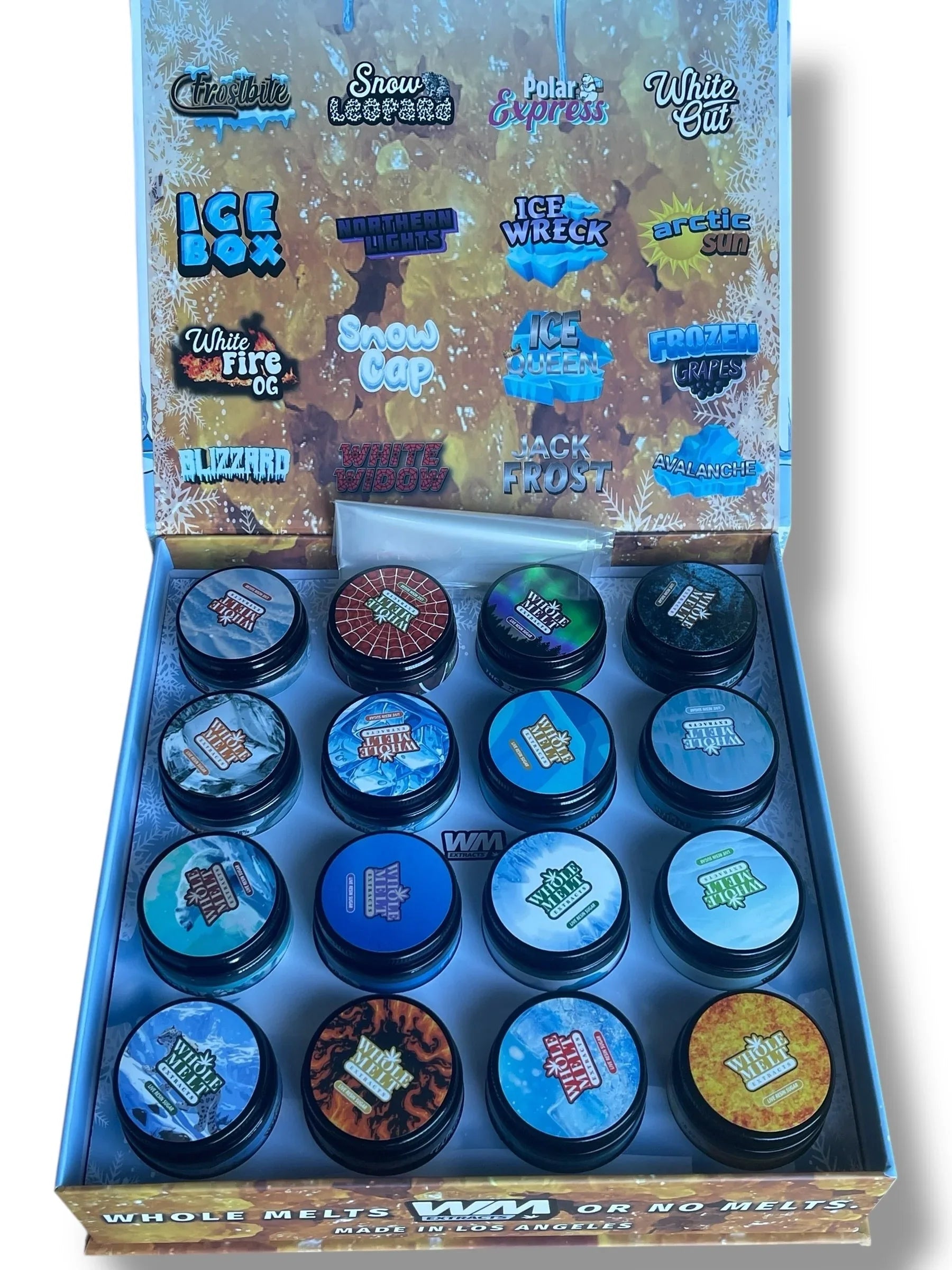 Whole Melt Winter Edition 1oz Glass Jars - Varity Pack 16 Strains in box Empty Jars - Black Unicorn Hub