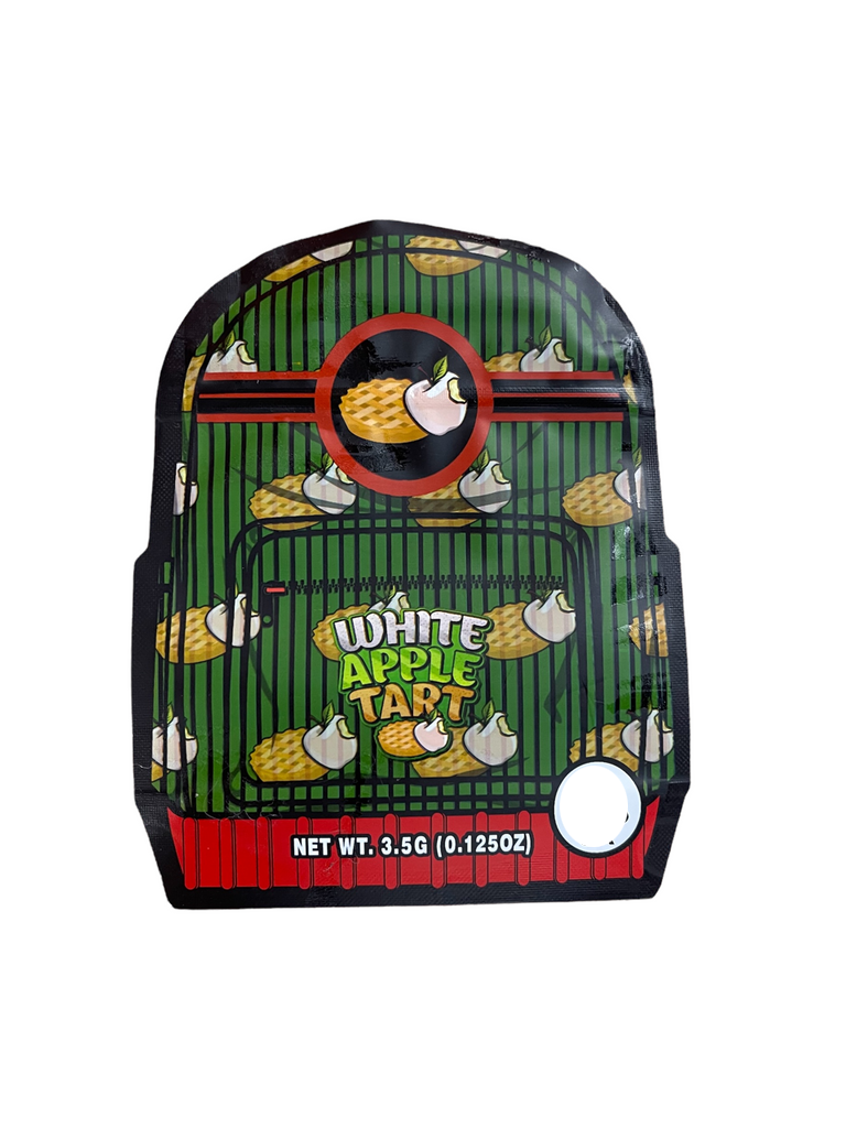 White Apple Tart Backpack Boyz cut out Mylar zip lock bag 3.5G